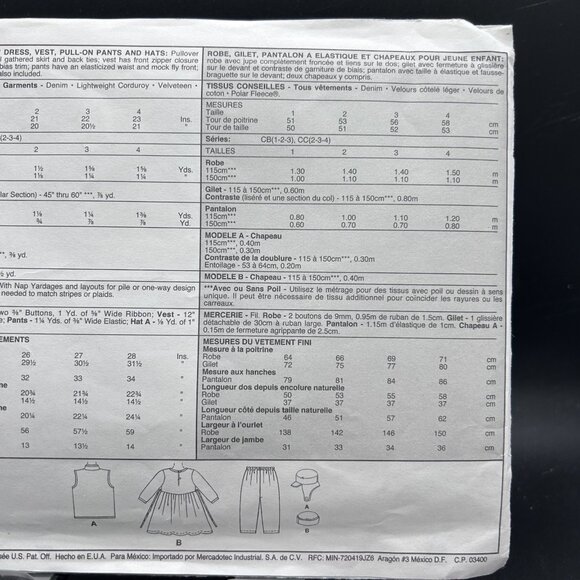 McCall's 9603 “Dress,Vest,Pull-On Pants & Hat” (2-3-4) Sewing Pattern Uncut FF - Picture 4 of 5
